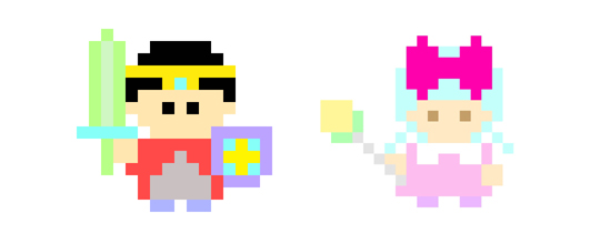 素材サイトイラストACより。No2さんのイラスト「ドット絵 RPG風 いけ!勇者くん」「ドット絵 RPG風 魔法少女B」を合体したものです。 アイキャッチ画像。