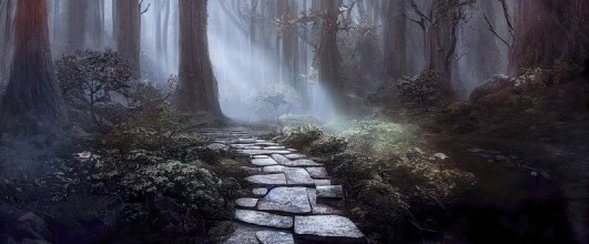素材サイト「PAKUTASO」より、霧が流れ込む森と石畳の無料AI画像素材。エリーさんの作品。 アイキャッチ画像。