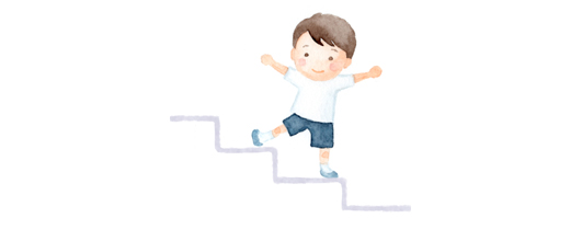 素材サイト「イラストAC」より、「階段をあがる男の子 手描き水彩イラスト」。mikomikoさんの作品。 アイキャッチ画像。