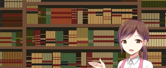 素材サイト「イラストAC」より、イラストスター様さんの本棚のイラストと、南見まめこさんの店員のイラストを合成し、編集。 アイキャッチ画像。