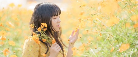 素材サイト「写真AC」より、女性とキバナコスモス 。Tomoharu photographyさんの作品。 アイキャッチ画像。