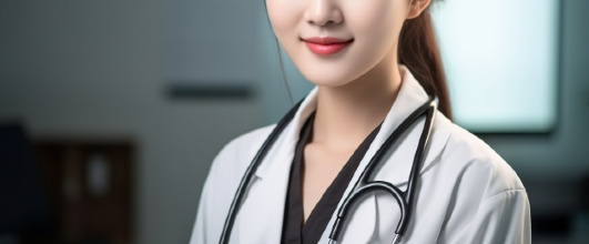 素材サイト「写真AC」より、聴診器を肩にかけた若い日本人女性医師。licausachanさんの作品。 アイキャッチ画像。